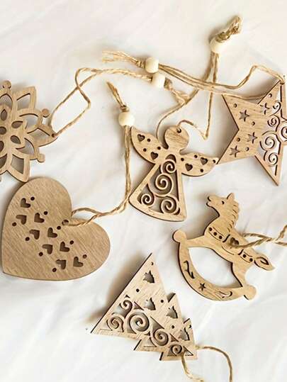 6pcs/Pack, Christmas Wooden Decorations, Wooden Christmas Snowflake Rocking Horse, Five-Pointed Star Love Tree, Christmas Tree Ornaments, Christmas Party Decorations, Holiday Home Decorations | Vintage Christmas | Exquisite Craftsmanship, Christmas Decorations (With Rope)