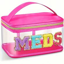 Fashion Suede Letter Patch MEDS Bag - Transparent Travel Pill Organizer With Handle, Waterproof Nylon Portable Medicine And Toiletries Storage For Patients And Nurses, Back To School - 玫紅色 - 查看 1