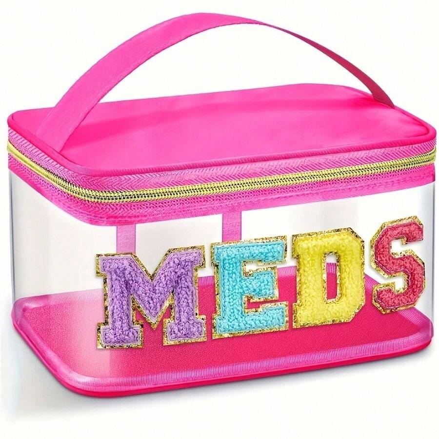 Fashion Suede Letter Patch MEDS Bag - Transparent Travel Pill Organizer With Handle, Waterproof Nylon Portable Medicine And Toiletries Storage For Patients And Nurses, Back To School - 玫紅色 - 查看 1