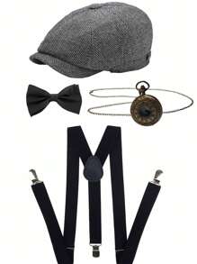 D EXCEED 3/4 pièces Accessoires pour hommes des années 1920 : Chapeau Fedora style gangster, bretelles Y-Back et nœud papillon pré-noué. Ensemble pour hommes des Années folles : Casquette Newsboy Ivy pour une fête sur le thème de Gatsby le Magnifique