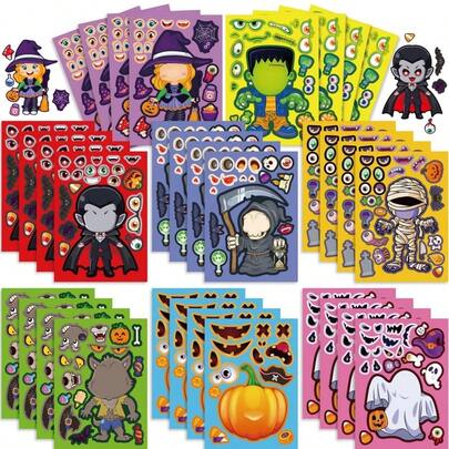 8/16/24/32 hojas de pegatinas de Halloween para niños para hacer caras, pegatinas de personajes de Halloween, regalos de fiesta de Halloween para niños, manualidades, juegos y actividades