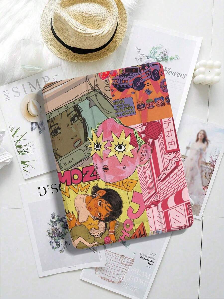 1 Pcs Cartoon Graphic Design Pattern Trifold Stand Tablet Case With Pencil Holder Tablet Case, Anti-Fall IPad Stand, Foldable Non-Slip Adjustable Stand, Flexible Hybrid Protective Case, Suitable For IPad Air 4/5 (10.9-Inch), IPad 7/8/9 (10.2-Inch) 5/6/Air 1/2 (9.7-Inch), Air 3 (10.5-Inch), Pro (11-Inch) 10th Generation, 12.9-Inch, 13-Inch Tablet Case,  S6/A7/A8/A9/S7/S8/S9/S10/S9FE Tablet Case - Nhiều màu - Xem 1
