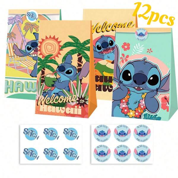 Disney 6/12 Set Of Stitch Gift Bags And 6/12 Set Of Stickers, Cookies And Candies Bags, Birthday Party Popcorn Packaging Bags, Halloween And Christmas Party Gift Packaging Bags