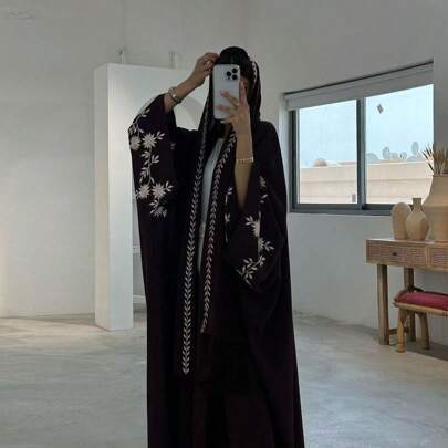 1pc Elegant Embroidered Muslim Dress Abaya, Fashionable, Comfortable And Versatile For Any Occasion