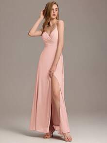 EVERPRETTY 优雅性感纯色吊带开衩粉色伴娘礼服/婚礼宾客礼服 - 粉色 - 查看 5