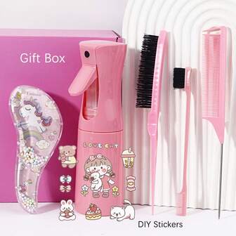 5pcs Hair Styling Tool Set Gift Box: Includes Comb Set And Hair Spray Bottle, With Cartoon Stickers, Suitable For All Hairstyles And Daily Use, DIY Salon Style Curling Gift Box,Travel Essentials,Travel Essential,Hairstyle,Hairdressing,Hair,Travel,Hair Products,Hair Tools,Hair Stuff,Barber,Barber Accessories,Barbershop,Hairdressing Equipment