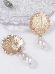 ZAA Shell Pearl Pendant Earrings, Personalized And Luxurious, Simple And Fashionable Earrings, Alloy Scallop Faux Pearl Pendant Earrings, Ocean Leisure Vacation Style Women's Earrings