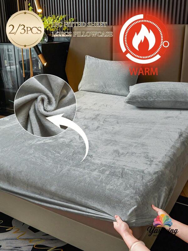 Set de sábana ajustada de terciopelo gris claro de 2/3 piezas, suave y cálida, con set de sábana ajustada de tamaño King, Queen, Full o Twin, con bolsillo profundo de 30 cm, adecuado para otoño, invierno y primavera, incluye 1 sábana ajustada + 1/2 fundas de almohada