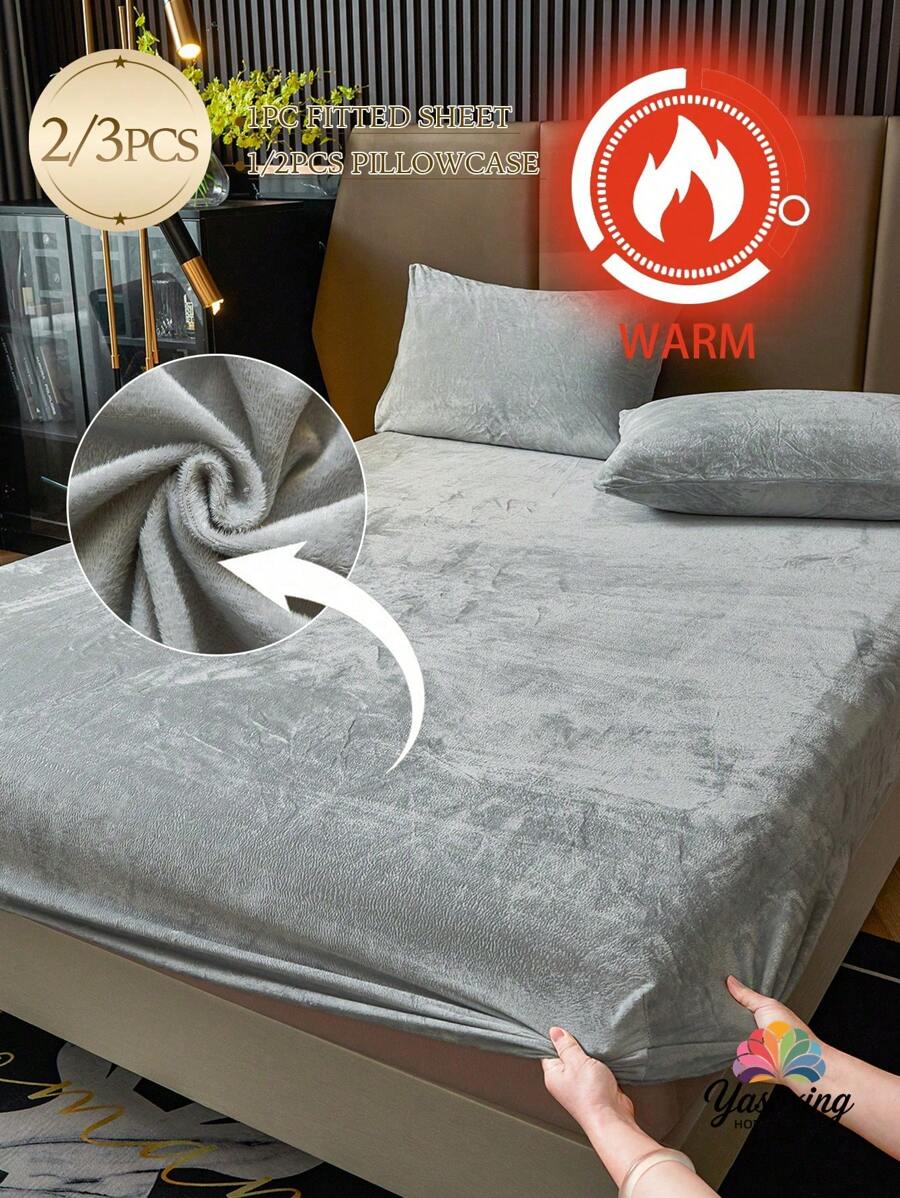 2/3 件浅灰色天鹅绒床笠套装温暖柔软纯色毛绒床笠套装特大号双人床尺寸，奢华超柔软舒适床单，带 11.8 英寸深口袋，适合秋冬和春季 1 件床笠 + 1/2 件枕套宿舍床上用品返校床上用品