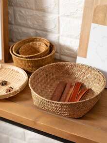 1个/2个/3个装编织收纳篮，厨房姜蒜收纳篮，圆形玄关餐具收纳篮，桌面收纳篮，小型杂物篮，零食收纳篮，家用野餐篮 - 彩色 - 查看 3