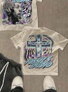 (220 Cotton T-Shirt Double-Sided Printing)  Y2k Style  Pattern Men's Casual Soft 100% Cotton All-Match Crew-Neck Short-Sleeved T-Shirt - 米色 - 查看 3