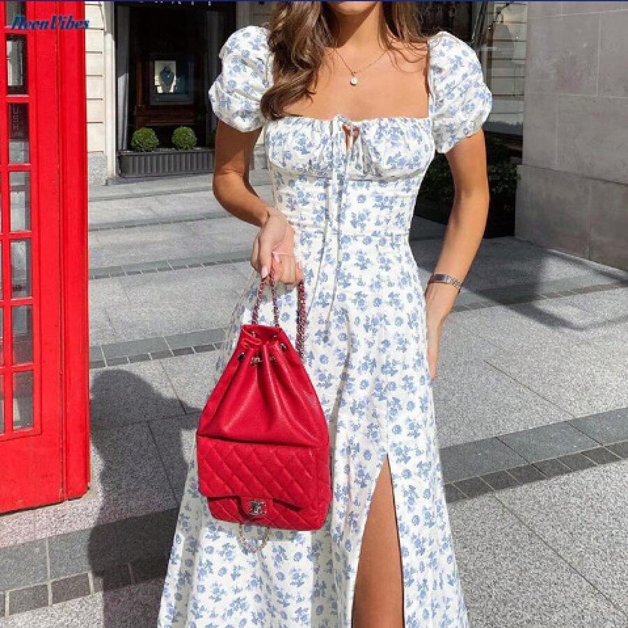Women's Floral Milkmaid Dress Plus Size Maxi Puff Sleeve Square Neck Boho Casual Beach Dress - Trắng xanh nhạt 2 - Xem 1