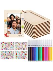 17 Peças Conjunto de Moldura de Foto de Madeira Não Acabada DIY, Kit de Pintura com Canetas Coloridas e Adesivos de Diamante de Cristal, para Decoração de Moldura, Projetos de Arte Personalizados, Quadros de Mesa Verticais, Decoração Doméstica, Exibição de Fotos Personalizadas, Presentes de Projetos de Arte, Ocasiões de Aniversário e Formatura