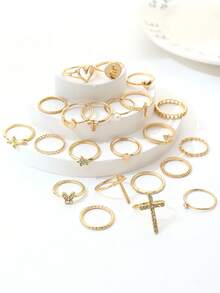 22pcs Fashionable Punk Inspired Cross, Snake, Heart Rhinestone Decor Open Ring Set, Versatile For Daily Wear, Gatherings, Parties, Street Style - Yellow Gold - View 2