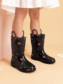 Kids' Waterproof Rain Boots Lightweight Pull-On Toddler Boots With Handles For Girls & Boys Cute Playtime Outdoor Shoes Black - 黑色 - 查看 3