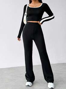 Conjunto de dos piezas de pantalón y top corto de manga larga con contraste de color para mujer, estilo deportivo e informal, adecuado para otoño e invierno. - Negro - Ver 6