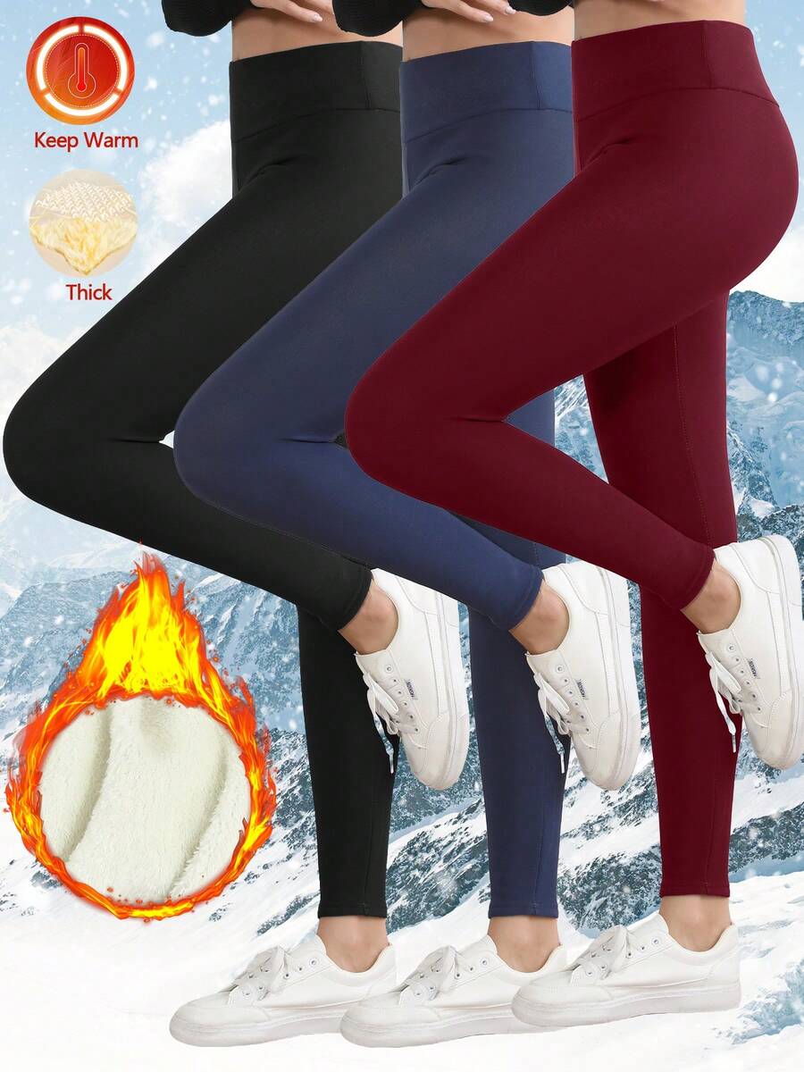 3条装女士保暖加厚高腰紧身裤，户外修身打底裤，日常穿着，纯色，抓绒，冬季 - 彩色 - 查看 1