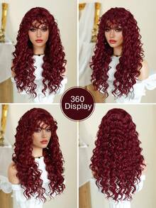7JHH WIGS 24英寸惊艳蓬松卷曲红色假发，女士款 - 长款蓬松深波浪酒红色假发，带刘海，采用耐热合成纤维制成，适合日常佩戴、音乐节庆典派对角色扮演 - 服装假发配饰 - 毕业礼物 - 酒紅色 - 查看 7