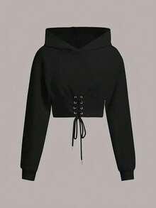 Sweat-shirt-shirt femme pour l'automne/l'hiver avec imprimé lettres, cordon de serrage bicolore, œillets métalliques côtelés, pour un port casual au quotidien