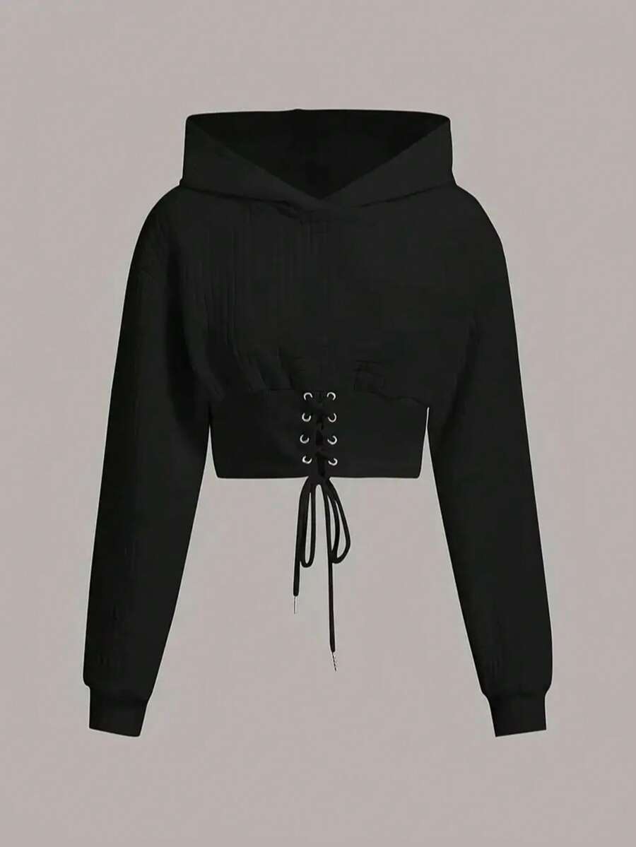 Sweat-shirt-shirt femme pour l'automne/l'hiver avec imprimé lettres, cordon de serrage bicolore, œillets métalliques côtelés, pour un port casual au quotidien