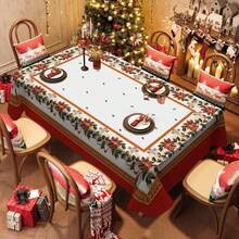 1pc Rectangular Tablecloth, Classic Red & Green Christmas Theme With Pine Branch & Berry Print, Suitable For Daily Family Gatherings, Living Room & Dining Room, Christmas Events, Durable Polyester Tablecloth, Stain Resistant