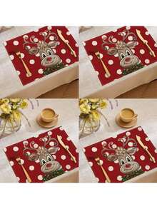 4 pezzi/6 pezzi Tovagliette natalizie rosse con renne e pois, tovagliette termoisolanti in lino, tovagliette da tavola festive per la casa e gli eventi di vacanza 12 in * 18 in / 45 * 30 cm
