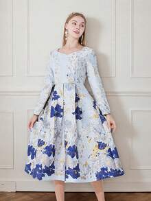 Luxurious Jacquard Elegant Long Sleeve Party Dress, Autumn/Winter