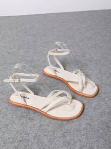 2025 Women's Summer Ankle Strap Fashionable Color Block Flat Sandals, Suitable For Spring, Summer, Beach, Casual, Mother's Day Gift, New Style Metal Buckle Flat Roman Sandals - White - View 8