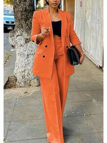 Women's Fashion Pants Suit Piece Business Outfits Casual Double Breasted And Pant Sets - 0黑色 - 查看 10