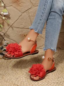 全新加大码女式舒适简约圆头莲花装饰金属珠平底拖鞋凉鞋，休闲时尚户外度假沙滩夏季鞋 - 橘紅色 - 查看 3