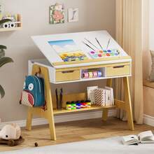 FXLTSBL Children's Desk Made Of Solid Pine Wood, Natural/White - Desk With Tilt-Adjustable Tabletop, Beautiful Youth Desk With 2 Drawers - Khaki - View 9
