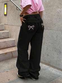 Quần jeans nữ ống đứng màu sáng cổ điển với túi sau thêu họa tiết, thích hợp mặc hàng ngày, màu đen mùa xuân. - màu đen - Xem 8