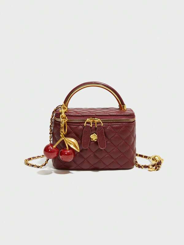 New Classic Solid Color Square Box Bag, Quilted Square Bag, Handbag, Cherry Pendant Decor Design, Zipper Shoulder Bag, Metal Buckle Decor Shoulder Bag, Suitable For Travel, Shopping, Party And Date. Fashionable Burgundy Bag, Red Bag , Burgundy Bag