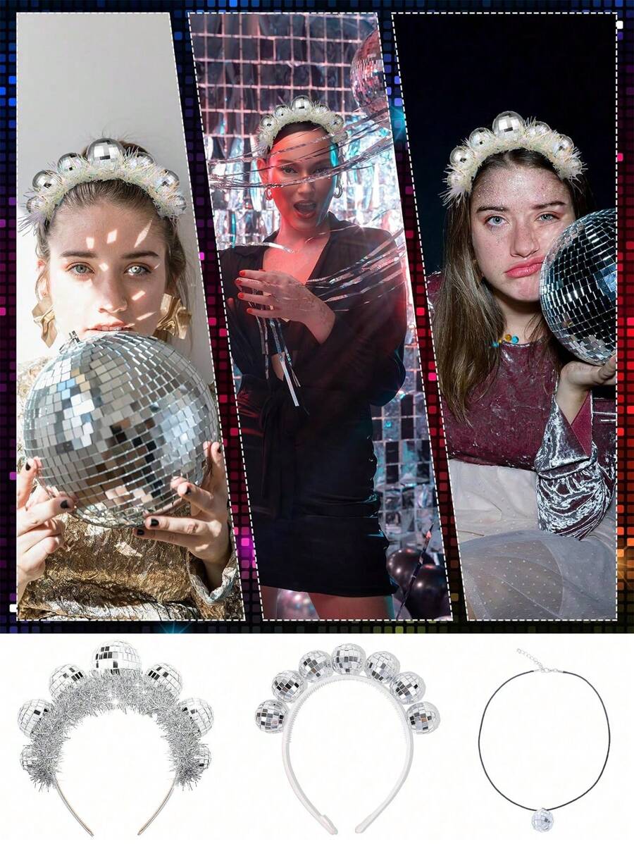 1pc Disco Ball Headbands Silver Disco Costume Headpieces 70s Vintage Headbands For Women Birthday Party Accessory Halloween Cosplay Party Supplies For Women, Ideal As High-End Holiday Gift Halloween Accessories