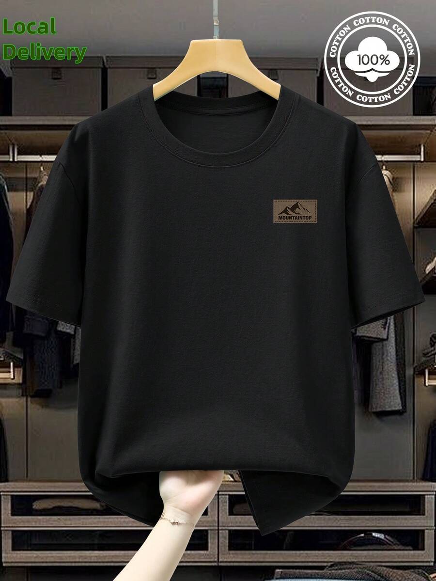 High Quality 100% Pure Cotton Men's T-Shirt Short Sleeved Men's Clothing 200g Heavy-Duty Cotton Summer Comfortable Breathable Casual Outdoor Sports Top Fashionable Printed Men's And Women's Universal Clothes Gift - 黑色 - 查看 1