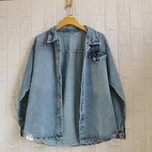 Famininas Drop Shoulder Denim Jacket - Azul lavado medio 8283# - Ver 1