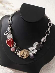 OABE 1pc Retro Hip Hop Punk Style Chic Zinc Alloy Multi-Pendant Chain Necklace, Suitable For Women's Daily Wear - Multicolor - View 3