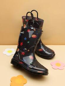 Kids' Waterproof Rain Boots Lightweight Pull-On Toddler Boots With Handles For Girls & Boys Cute Playtime Outdoor Shoes Black - 黑色 - 查看 1