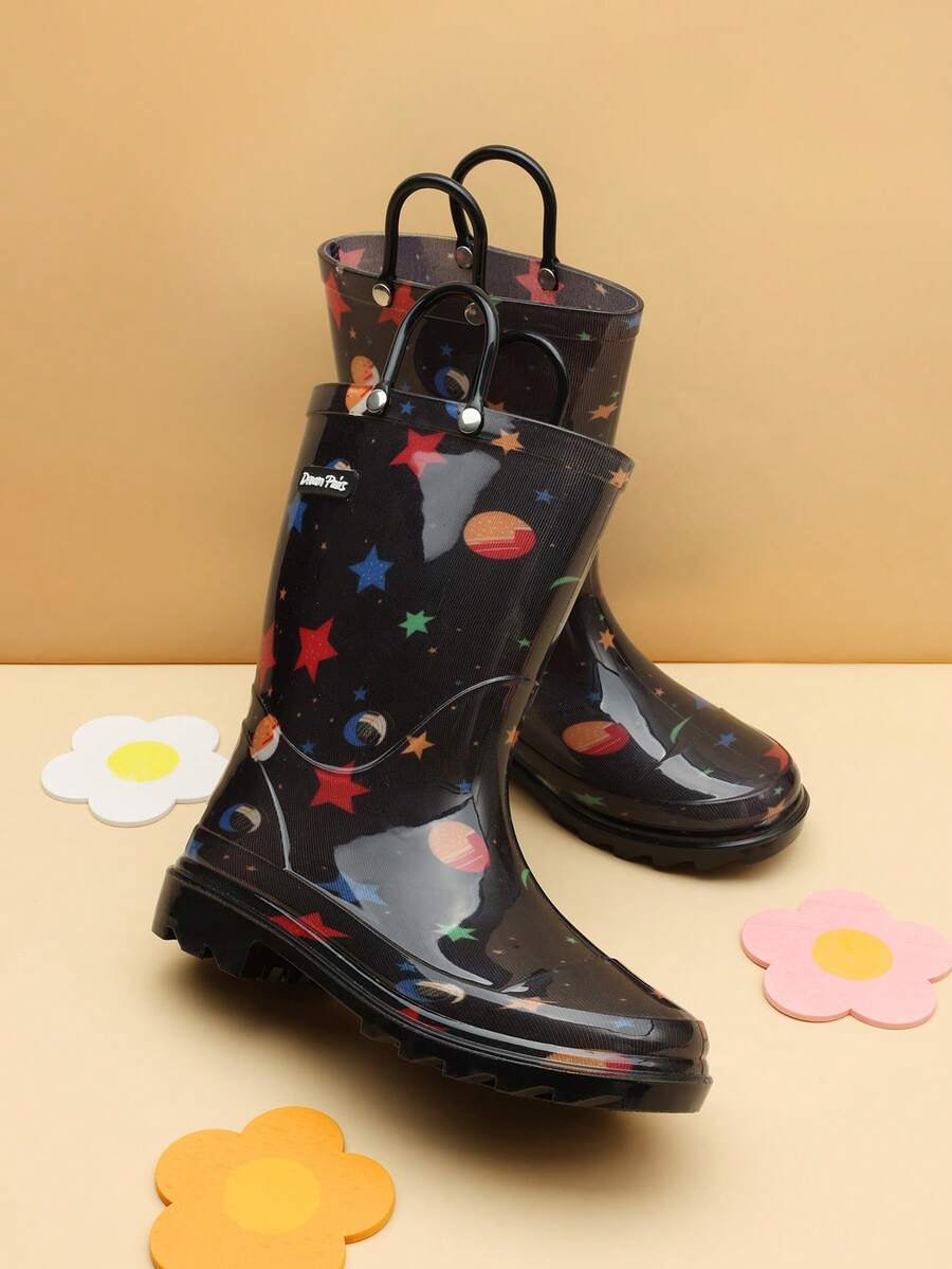 Kids' Waterproof Rain Boots Lightweight Pull-On Toddler Boots With Handles For Girls & Boys Cute Playtime Outdoor Shoes Black - 黑色 - 查看 1