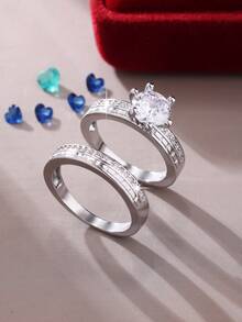 两枚经典优雅闪亮六爪圆形白色锆石戒指，情侣结婚订婚周年纪念情人节生日珠宝礼物 - 銀色 - 查看 3