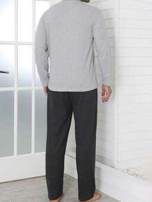 2pcs Men's Sleepwear Set, Round Neck Long Sleeve Letter Print Top, Solid Black/Gray Pants, Casual & Comfortable, Suitable For Autumn/Winter - Multicolor - View 4