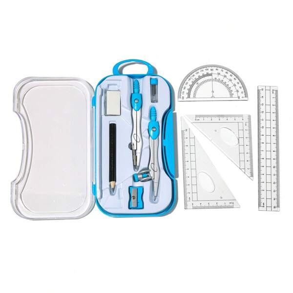 10 piezas Kit de geometría para estudiantes con compás, transportador y herramientas de dibujo - Material ABS duradero para uso de oficina diario