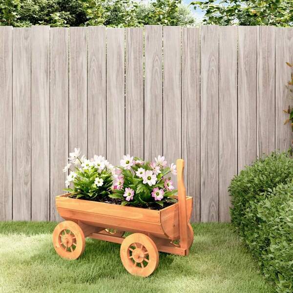 vidaXL Decorative Wagon Natural Wood Solid Fir Wood Medium Portable Decorative Wagon Rectangular Rustic Decorative Inlays Garden Cart Planters Wooden Wagon Outdoor Wagon