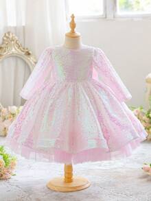 这款华丽的亮片装饰圆领长袖连衣裙适合年轻女孩在重要场合穿着，例如伴娘婚礼、生日派对、舞台表演和各种重要节日。 - 粉色 - 查看 3