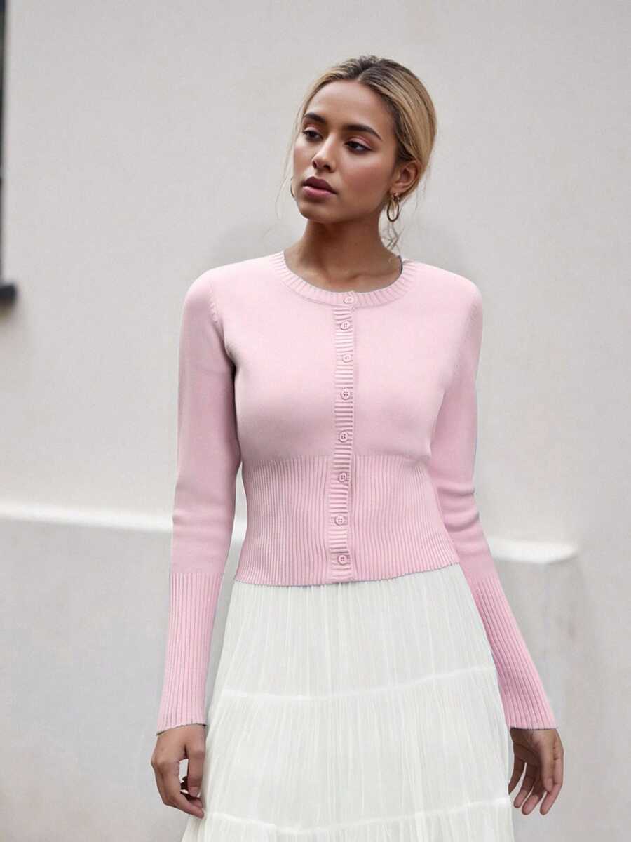 Women's Cropped Cardigan Bolero Shrug Long Sleeve Button Down Knit Sweater For Dresses And Jeans, Sizes S To XL - 粉色 - 查看 1