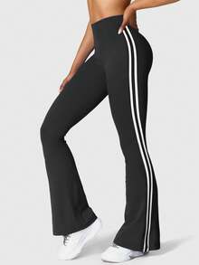 Speed mate 女士侧条纹修身阔腿裤，瑜伽运动喇叭裤，抓绒内衬，冬季款 - 黑色 - 查看 2