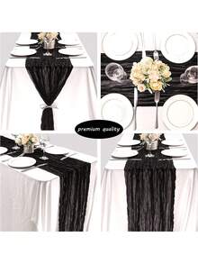 71/118 Inch Black Thick Cotton Table Runner, Boho Farmhouse Style Sheer Chiffon Summer Table Runner, Suitable For Wedding Party Birthday Home Decor Holiday Decoration - Black - View 4