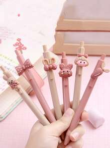 1/3/6支卡通中性笔 可爱贴纸按钮笔 学生考试/办公签字笔 0.5mm黑色墨水 可爱女孩按钮中性笔 学生学习文具 考试签字笔