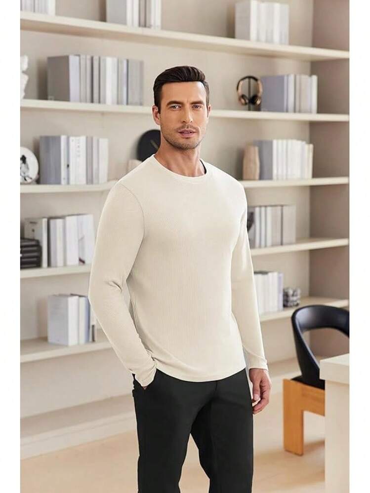 Men's Long Sleeve Shirts Honeycomb Waffle Pullover Sweater Crewneck Thermal Tops Lightweight Undershirts - 米色 - 查看 4