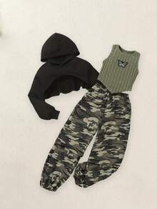 Conjunto de pantalones de otoño para niñas con parte superior con capucha de manga larga, chaleco acanalado y pantalones camuflados - Verde militar - Ver 3